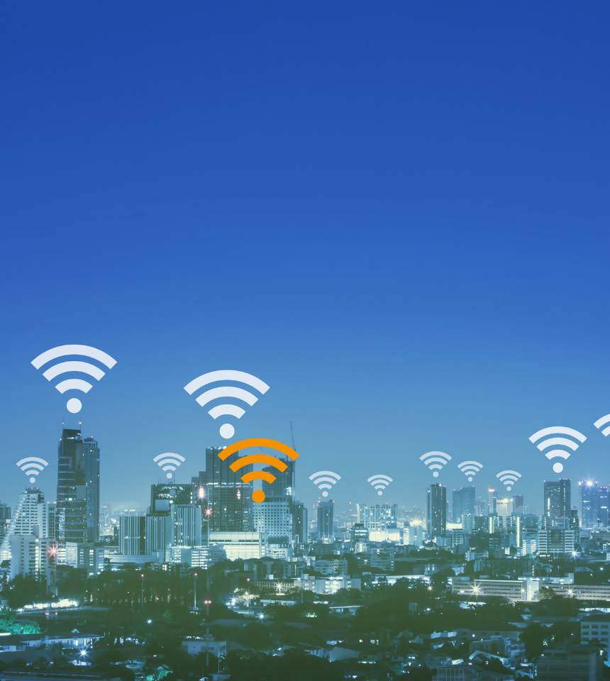 Imagen de servicio wifi. Edificios con la señal de wifi.