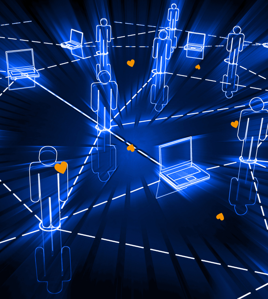 Imagen para servicio de redes corporativas. Ordenadores e imágenes de personas conectándose.